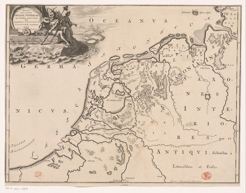 Historische kaart van Nederland met de gebieden van de Bataven en Friezen (1725) by Gerrit de Broen I and Menso Alting