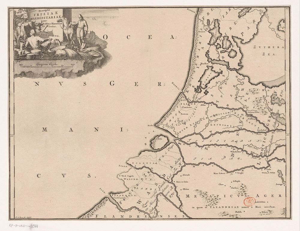 Historische kaart van Nederland met de gebieden van de Bataven en Friezen (1725) by Gerrit de Broen I, Joseph Mulder and…