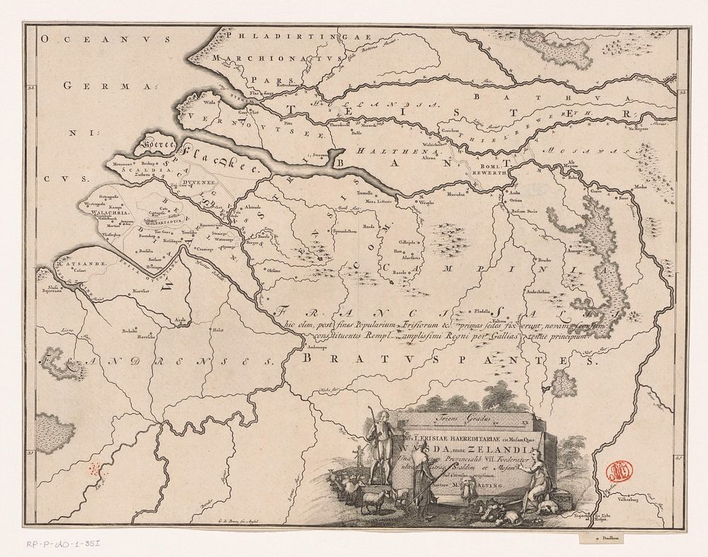 Historische kaart van Nederland met de gebieden van de Bataven en Friezen (1725) by Gerrit de Broen I, Joseph Mulder, Joseph…