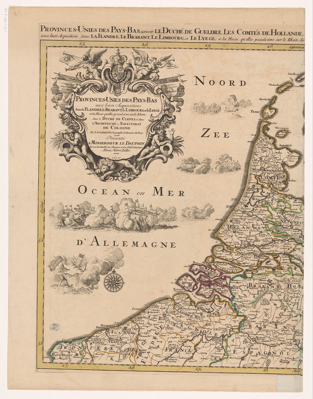 Kaart van de Republiek der Zeven Verenigde Nederlanden en omliggende gebieden (linkerdeel) (1692) by Pieter Mortier I…