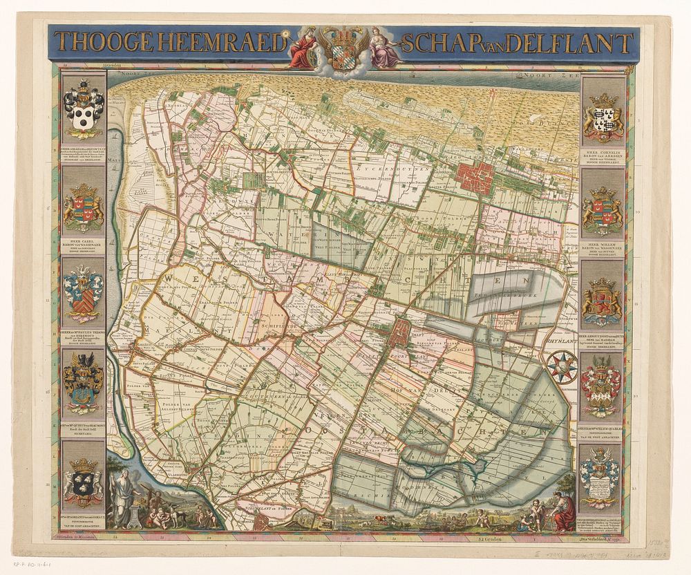 Kaart van het Hoogheemraadschap van Delfland (1750 - 1751) by Cornelis Koster, Arnold Houbraken, Nicolaas Cruquius, Jacob…