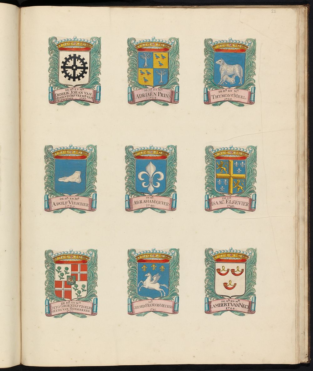 Negen wapens van raden in de vroedschap van Rotterdam, rechtsboven het wapen van Thimon van Meel (after 1694 - before 1783)…