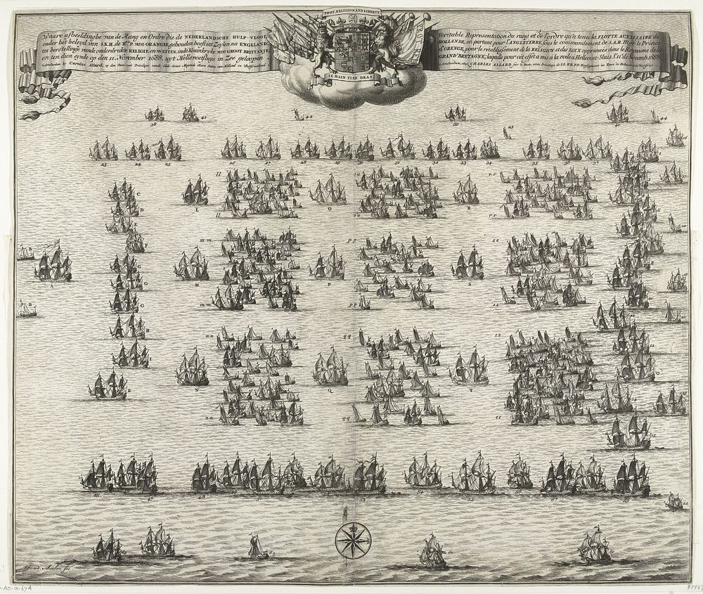 Formatie van de vloot waarmee Willem III naar Engeland is gevaren, 1688 (1688 - 1689) by Johannes Jacobsz van den Aveele…