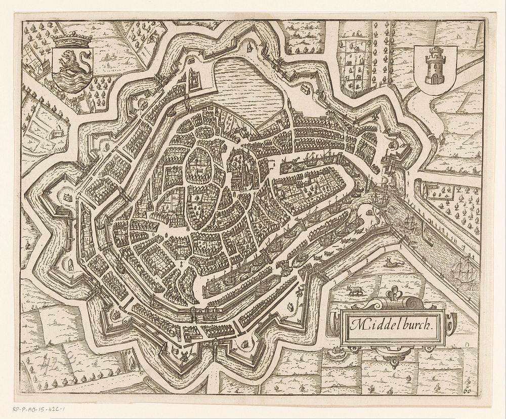 Plattegrond van Middelburg (1609 - 1648) by anonymous, Cornelis Claesz, Willem Janszoon Blaeu, Abraham van Herwijck and…