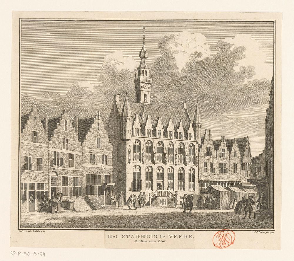 Gezicht op het stadhuis van Veere, 1743 (1747 - 1760) by Jan Caspar Philips, Cornelis Pronk, Isaak Tirion and Staten van…