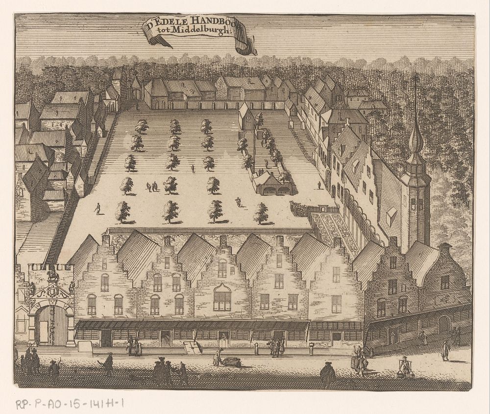 Gezicht op de Sint-Sebastiaansdoelen te Middelburg (1696) by anonymous, Johannes Meertens and Abraham van Someren