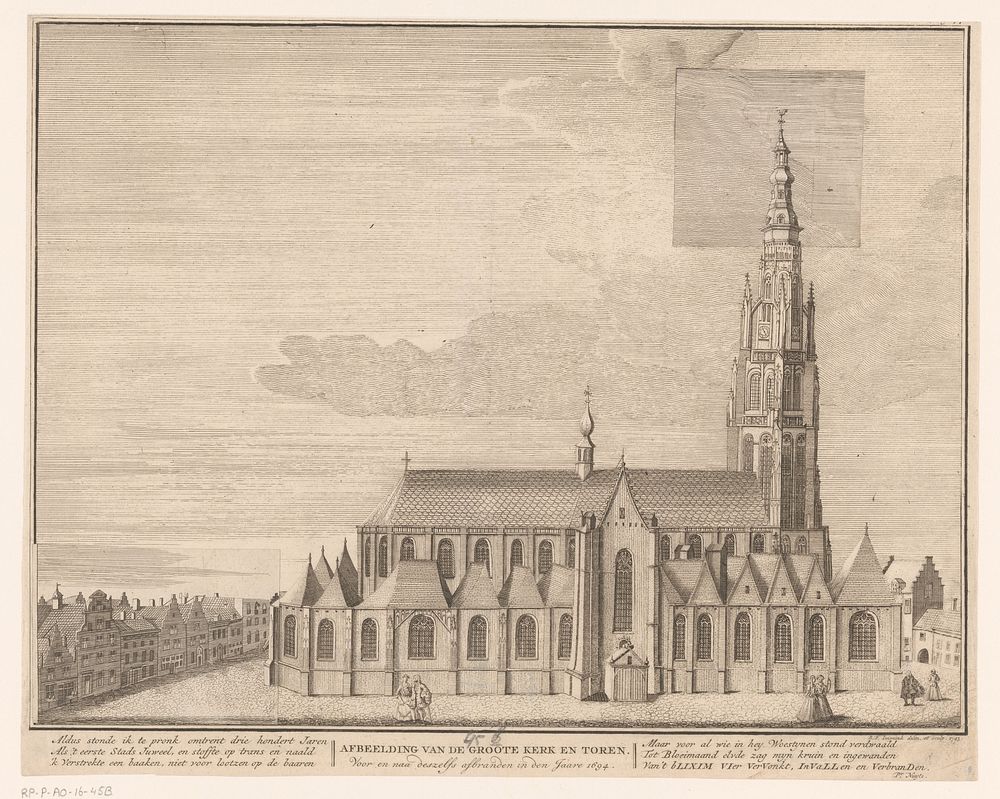 Gezicht op de Grote Kerk te Breda, voor en na de brand van 1694 (1743 - 1744) by B F Immink, B F Immink, Pieter jr Nuyts and…