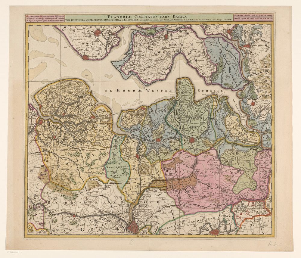 Kaart van Zeeuws-Vlaanderen (1677 - 1720) by anonymous, Nicolaes Visscher I, Nicolaes Visscher II, weduwe Nicolaes Visscher…