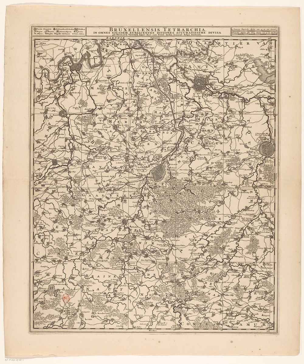 Kaart van het kwartier van Brussel, onderdeel van het hertogdom Brabant (1677 - 1720) by anonymous, Nicolaes Visscher I…