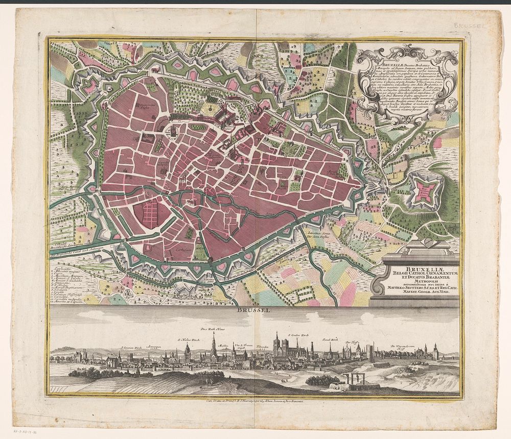 Plattegrond van Brussel met stadsgezicht (1708 - 1757) by Matthaeus Seutter III and Matthaeus Seutter III