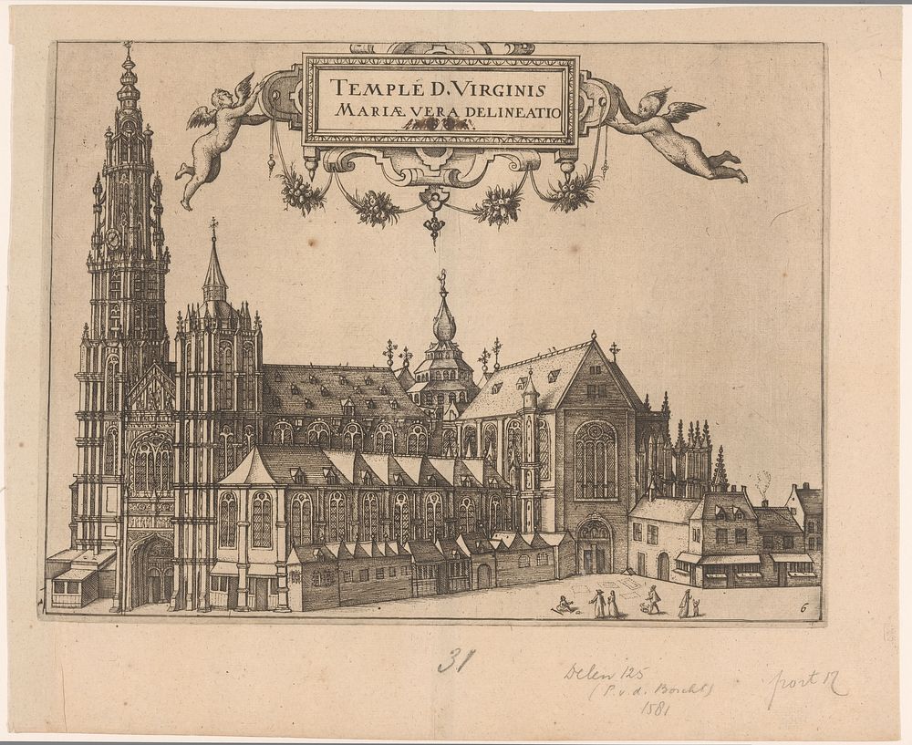 Gezicht op de Onze-Lieve-Vrouwekathedraal te Antwerpen (1612 - 1648) by anonymous, Willem Janszoon Blaeu and Johannes…