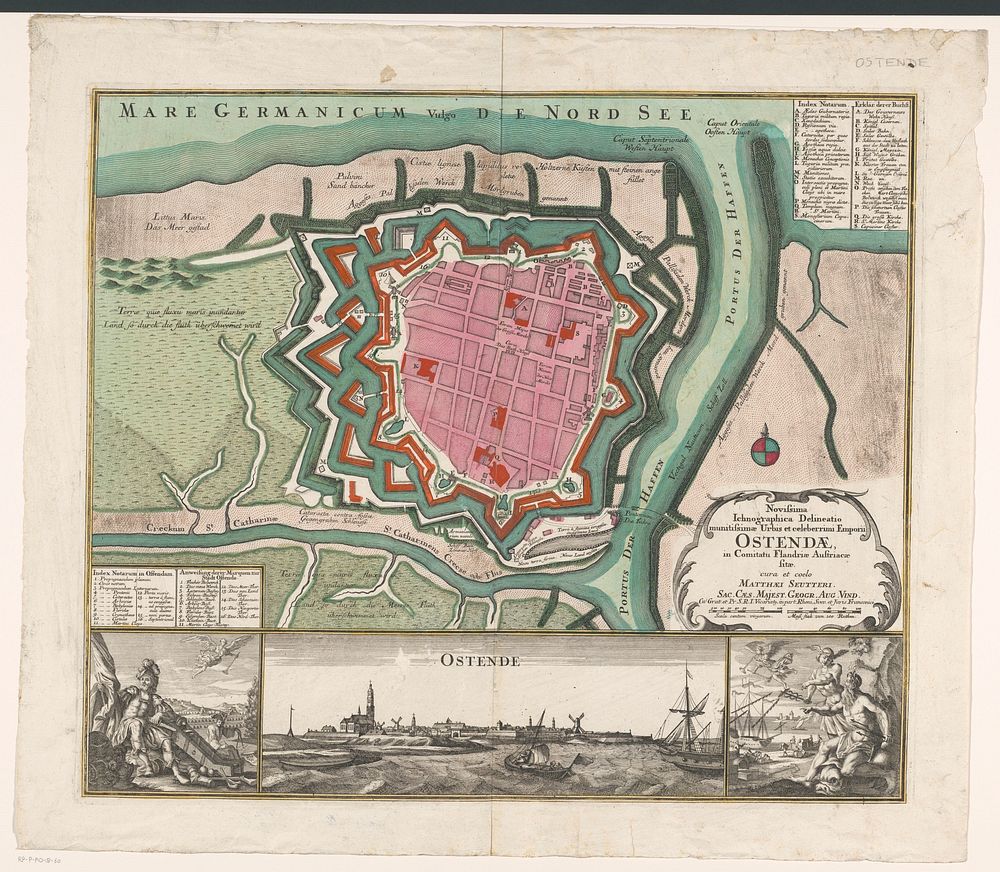 Plattegrond van Oostende met stadsgezicht (1708 - 1757) by Matthaeus Seutter III and Matthaeus Seutter III