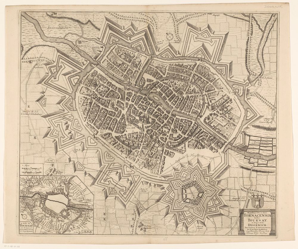 Plattegrond van de stad Doornik tijdens het beleg van 1709 (c. 1709 - 1728) by anonymous, Frederik de Wit, Pieter van der Aa…