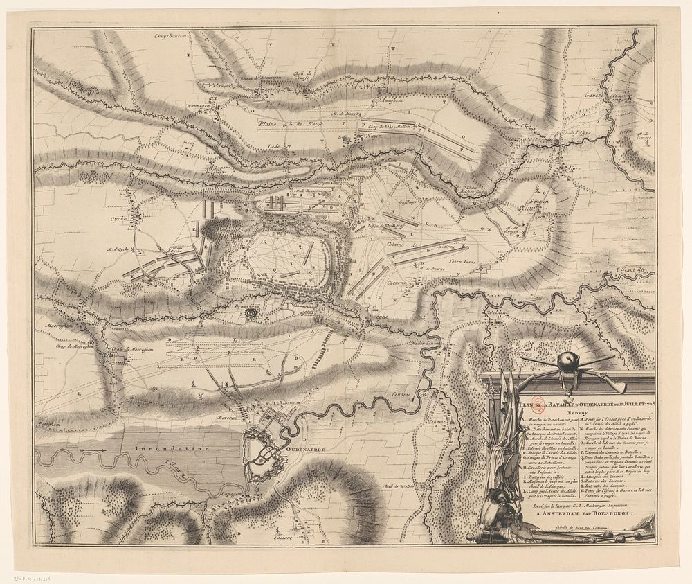 Kaart van de slag bij Oudenaarde, 1708 (1708 - 1714) by anonymous, Jacobus Harrewijn, George Lodewijk Mosburger and Thomas…