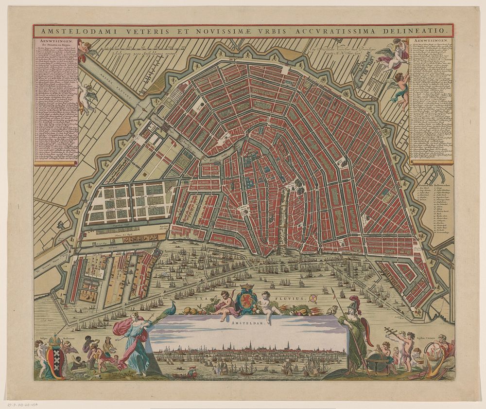 Plattegrond van Amsterdam met stadsgezicht (1695 - 1720) by Pieter Hendricksz Schut, Nicolaes Pietersz Berchem, Nicolaes…