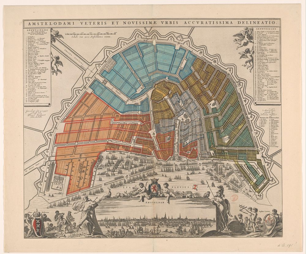 Plattegrond van Amsterdam met verdeling in burgerwijken (c. 1675) by Pieter Hendricksz Schut, Daniel Stalpaert, Nicolaes…
