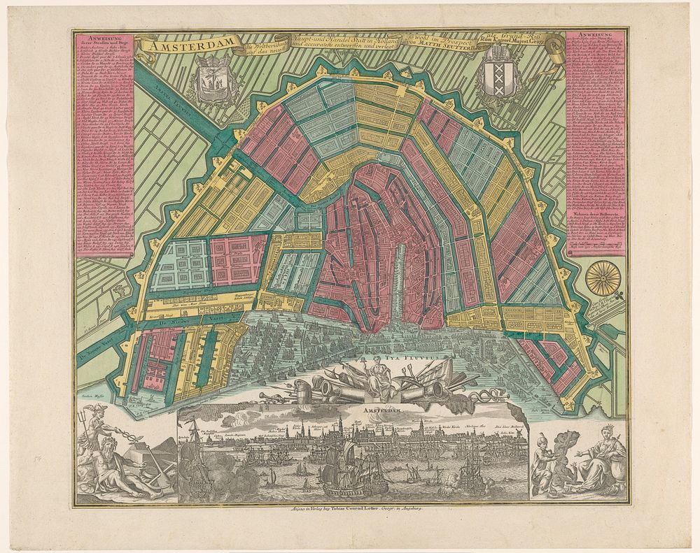Plattegrond van Amsterdam met stadsgezicht (1762 - c. 1800) by anonymous, Matthaeus Seutter III, Tobias Conrad Lotter and…