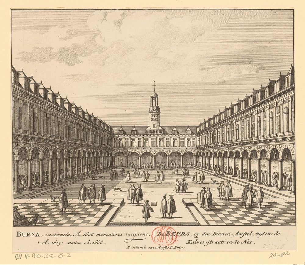 Gezicht op de binnenplaats van de Beurs van Hendrik de Keyser (1757 - 1766) by anonymous, Pieter Schenk I, Barent Greve and…