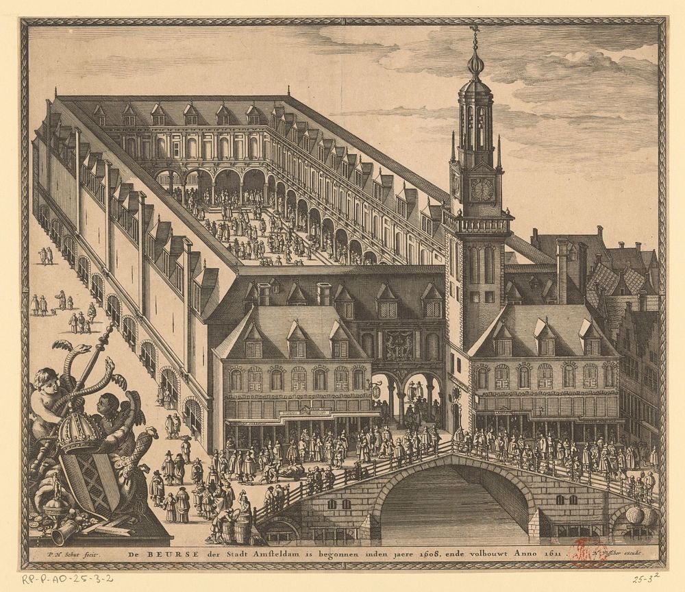 Vogelvluchtgezicht op de Beurs van Hendrik de Keyser te Amsterdam, voor 1668 (1662 - 1668) by Pieter Hendricksz Schut and…