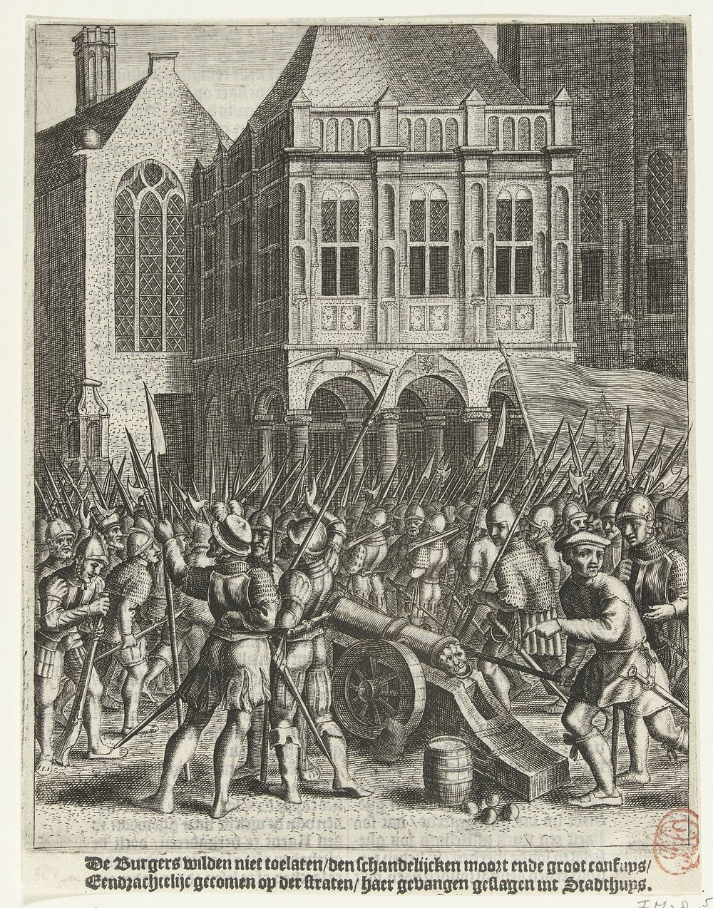 Aanval op de wederdopers in het stadhuis, 1535 (1612 - 1614) by anonymous and Barend Dircksz