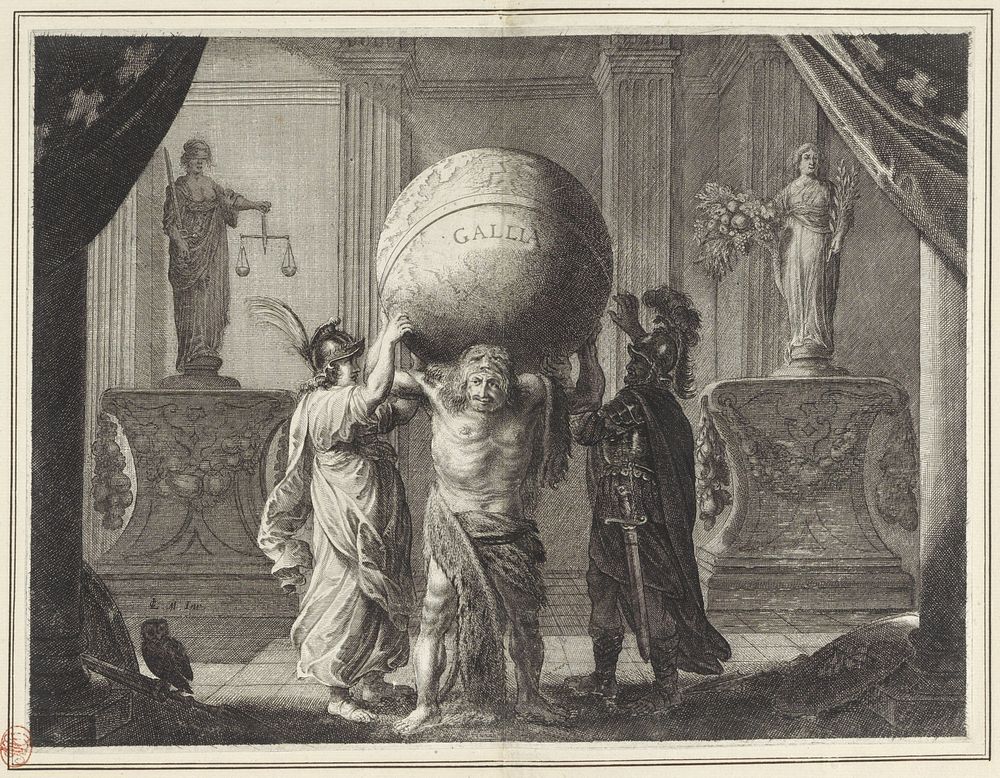 Lodewijk XIII draagt de globe (1638) by Pieter Nolpe, Claes Moeyaert, Johannes Willemszoon Blaeu and Cornelis Blaeu