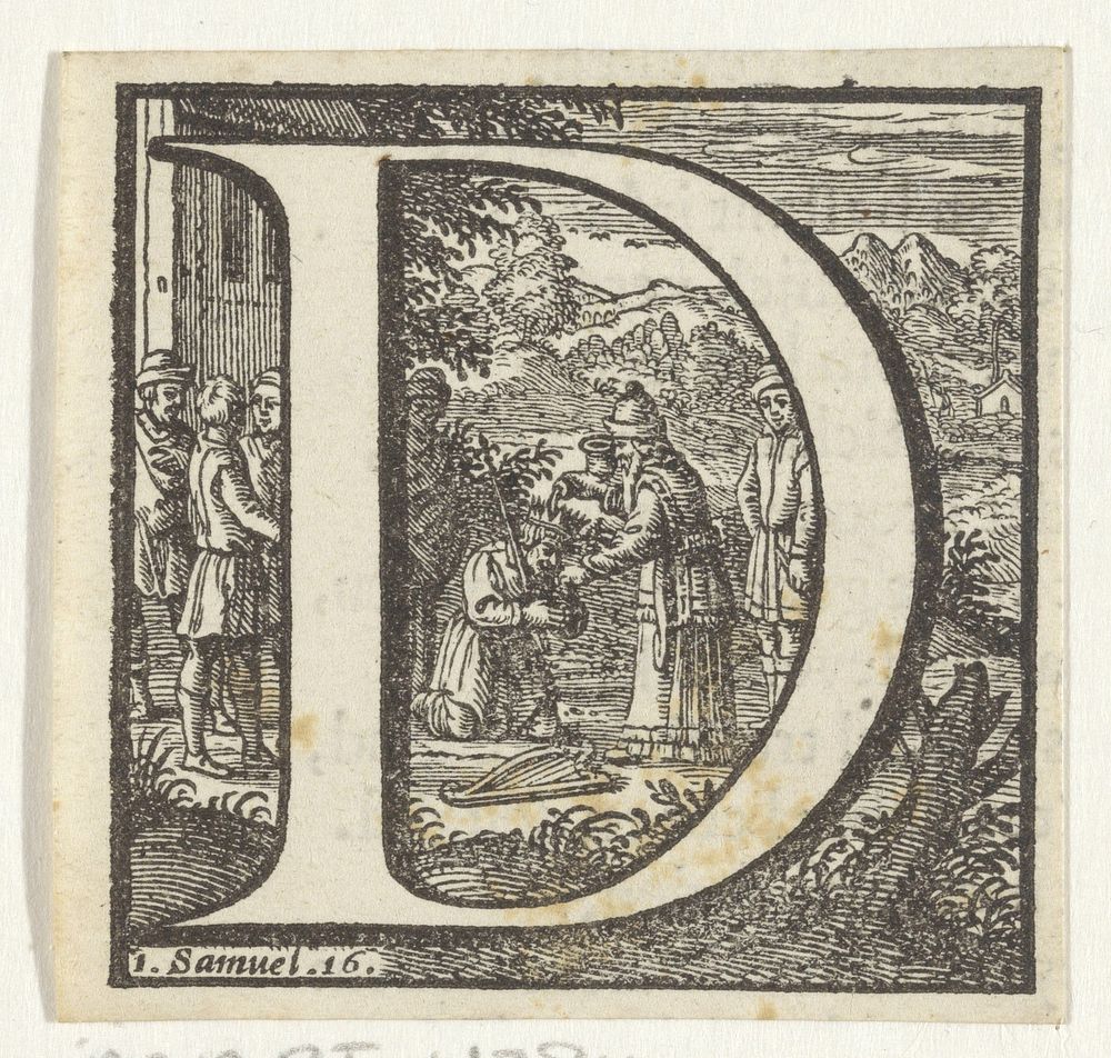 Letter D in een omlijsting met een voorstelling van David die door Samuël tot koning wordt gezalfd (1600 - 1699) by…