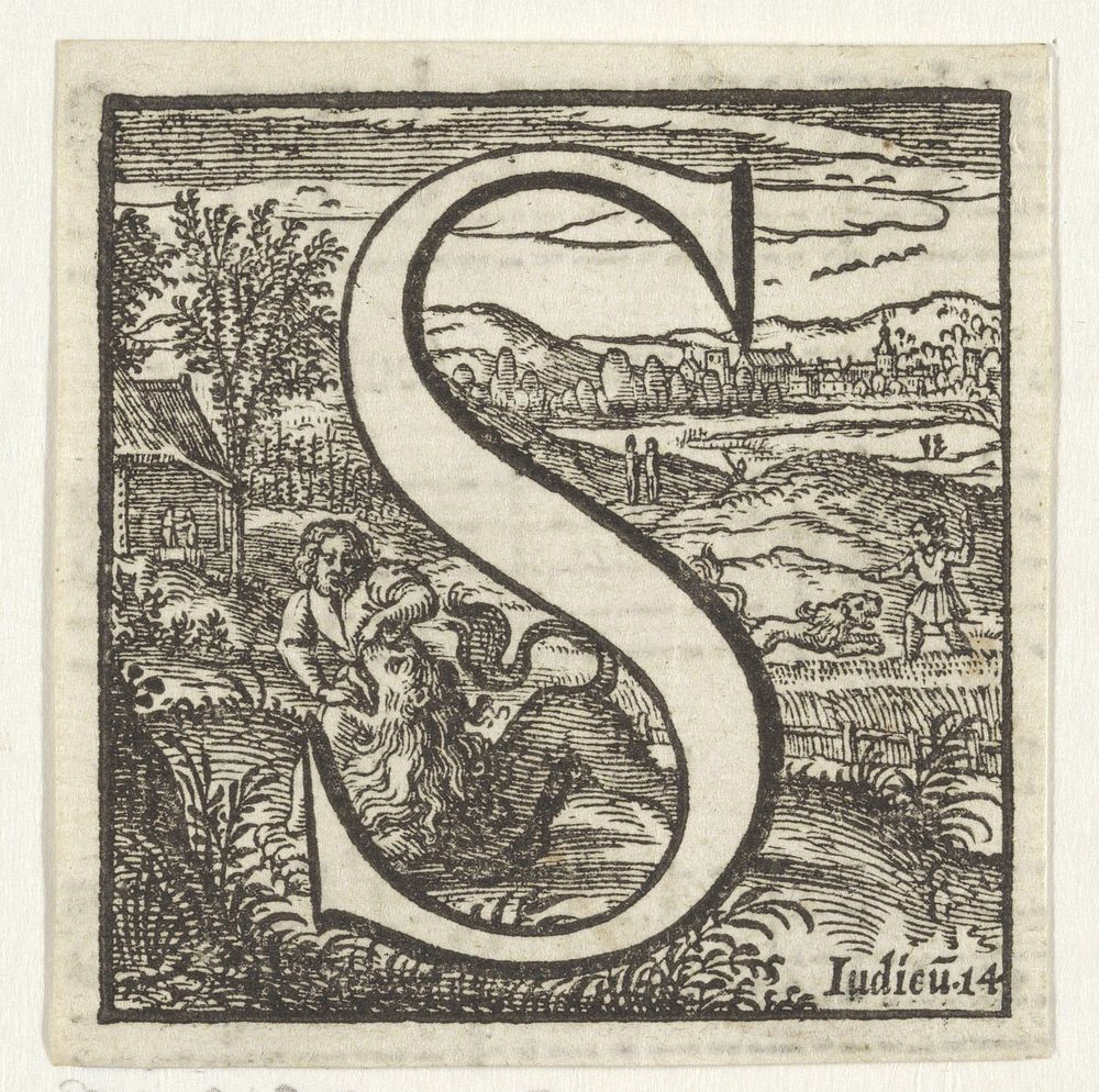 Letter S in een omlijsting met een voorstelling van Simson die met zijn blote handen de leeuw doodt (1600 - 1699) by…