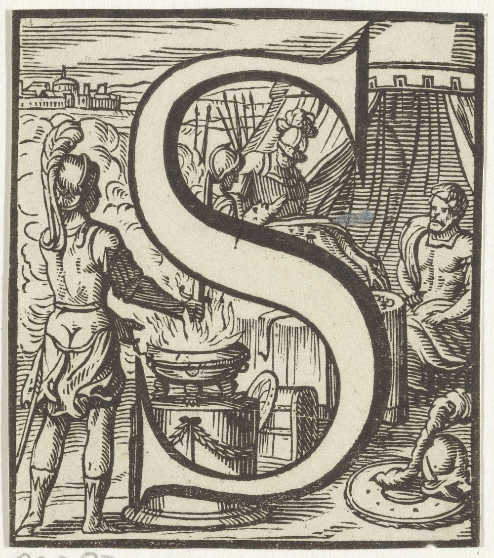 Letter S in een omlijsting met een voorstelling van soldaten in een tentenkamp (1600 - 1699) by anonymous and Dirck de Bray