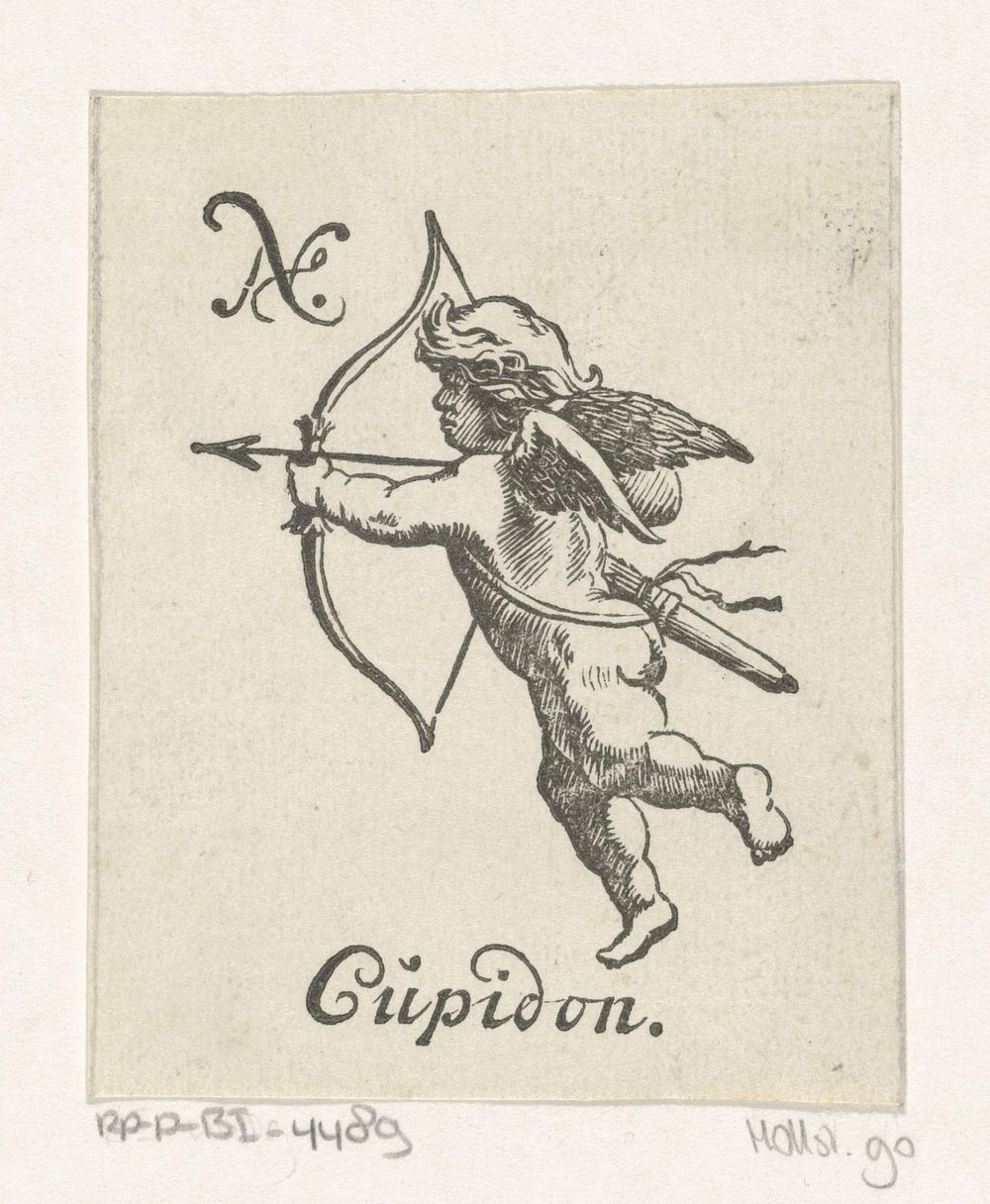 Handelsetiket met Cupido die een pijl en boog vasthoudt (c. 1681 - 1740) by Isaac Vincentsz van der Vinne