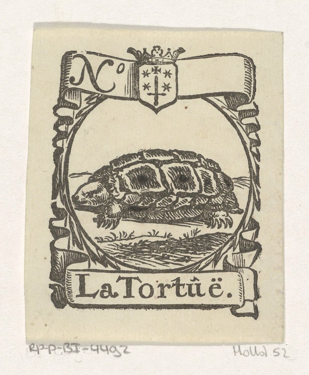 Handelsetiket met een schildpad en het wapen van de stad Haarlem (c. 1681 - 1740) by Isaac Vincentsz van der Vinne
