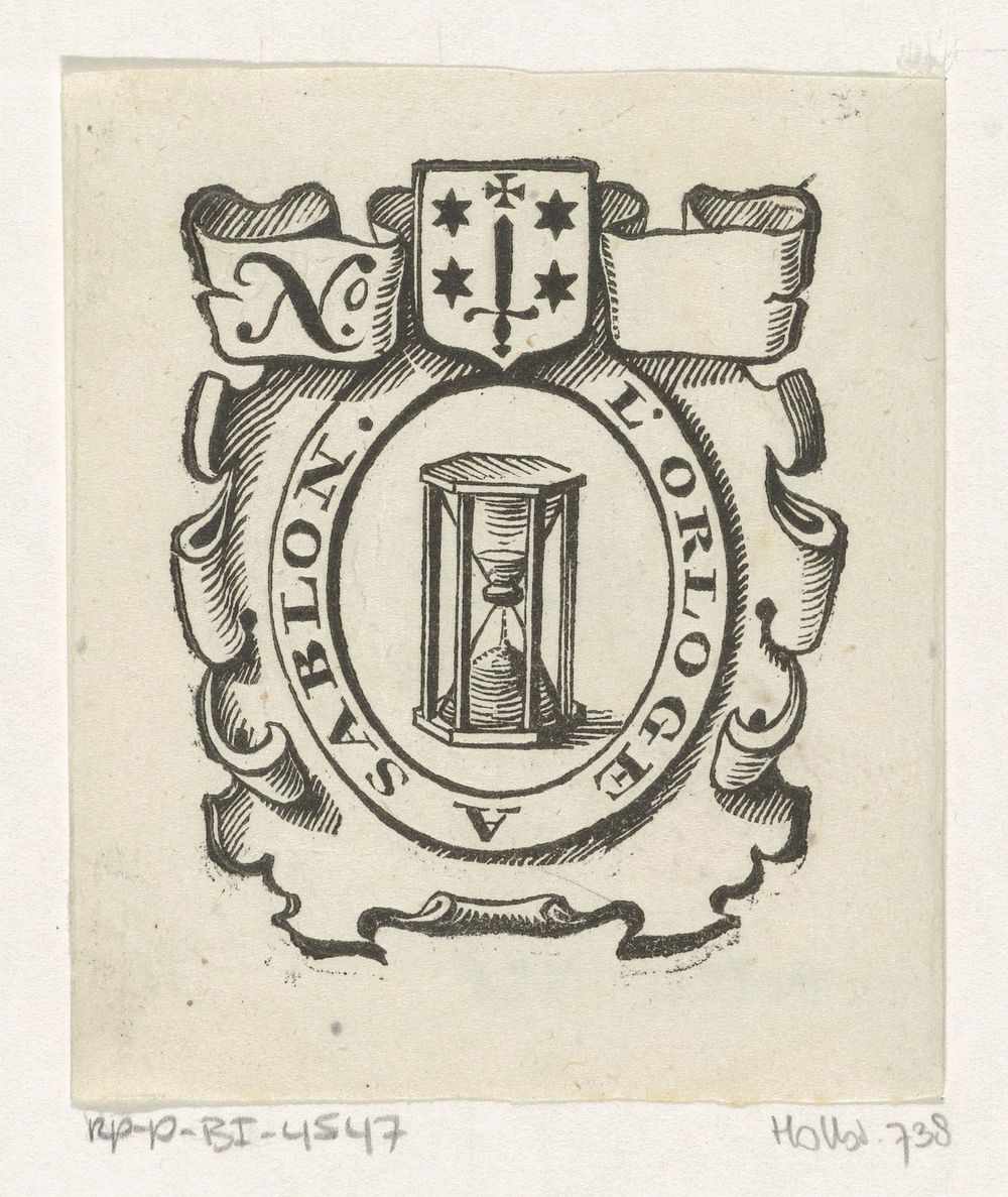 Handelsetiket met een zandloper en het wapen van de stad Haarlem (c. 1681 - 1740) by Isaac Vincentsz van der Vinne