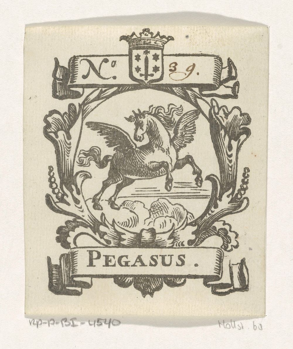Handelsetiket met Pegasus en het wapen van de stad Haarlem (c. 1681 - 1740) by Isaac Vincentsz van der Vinne