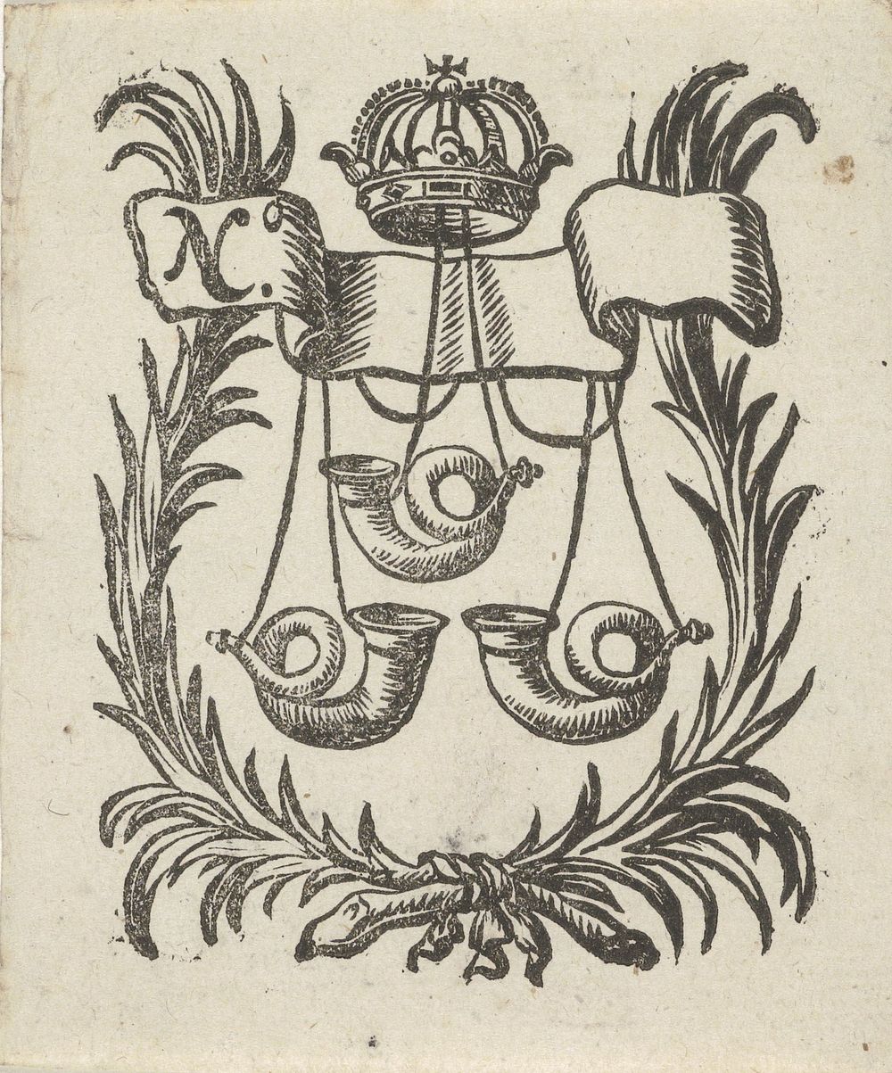 Handelsetiket met drie hoorns in een lauwerkrans met een kroon (c. 1681 - 1740) by Isaac Vincentsz van der Vinne