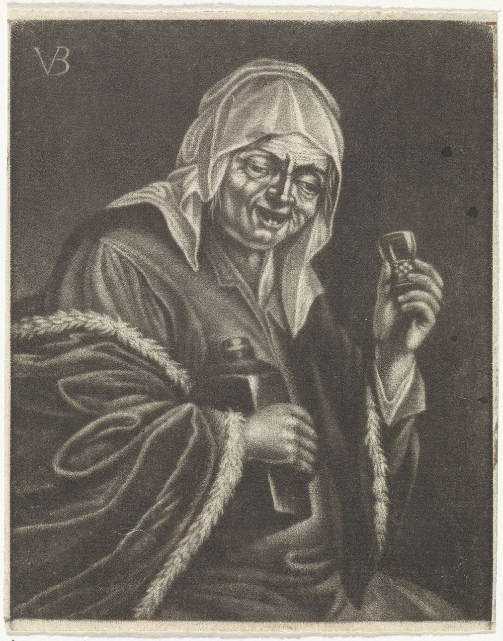 Oude vrouw met fles en glas (variant A) (1659 - 1740) by Jan van der Bruggen