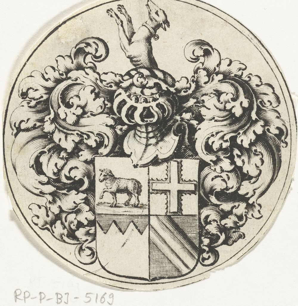 Wapenschild met helm en hond (c. 1560 - c. 1623) by Theodor de Bry and Johann Theodor de Bry