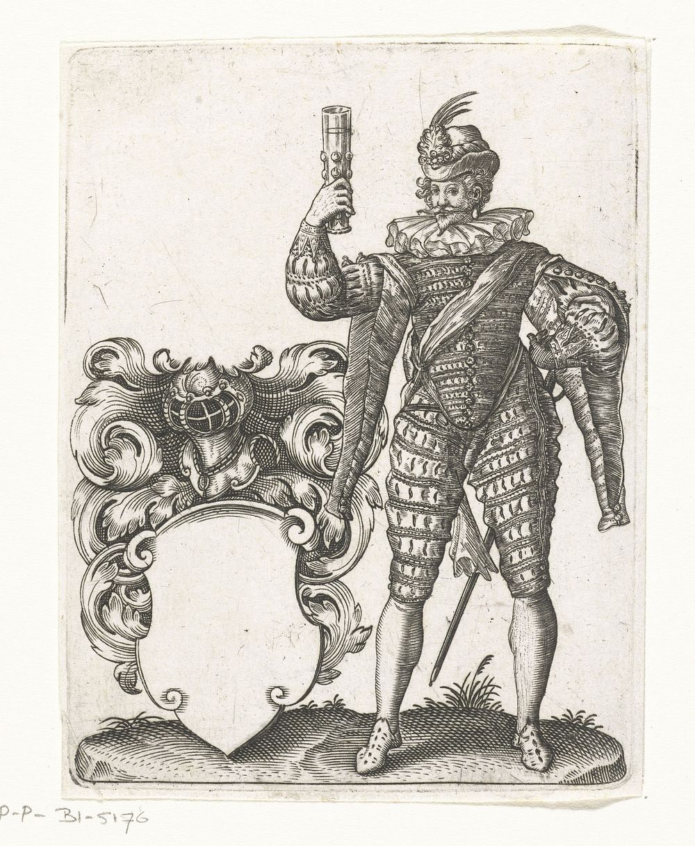 Wapensjabloon met fraai geklede heer met glas in zijn hand (1596) by Johann Theodor de Bry, anonymous and Johann Theodor en…