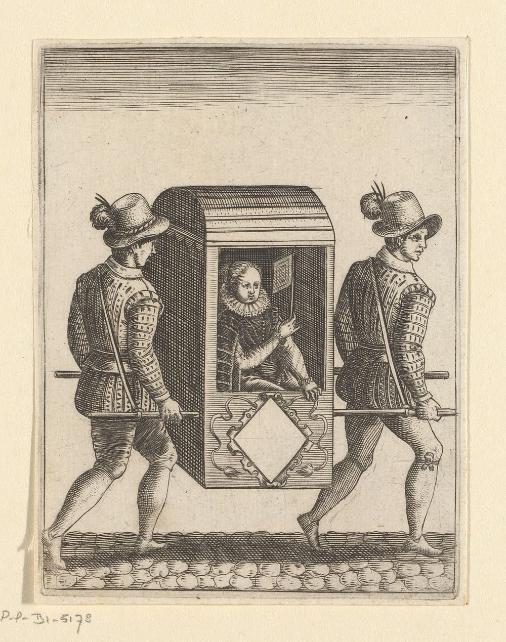 Wapensjabloon met vrouw in draagstoel (1596) by Johann Theodor de Bry, anonymous and Johann Theodor en Johann Israel de Bry