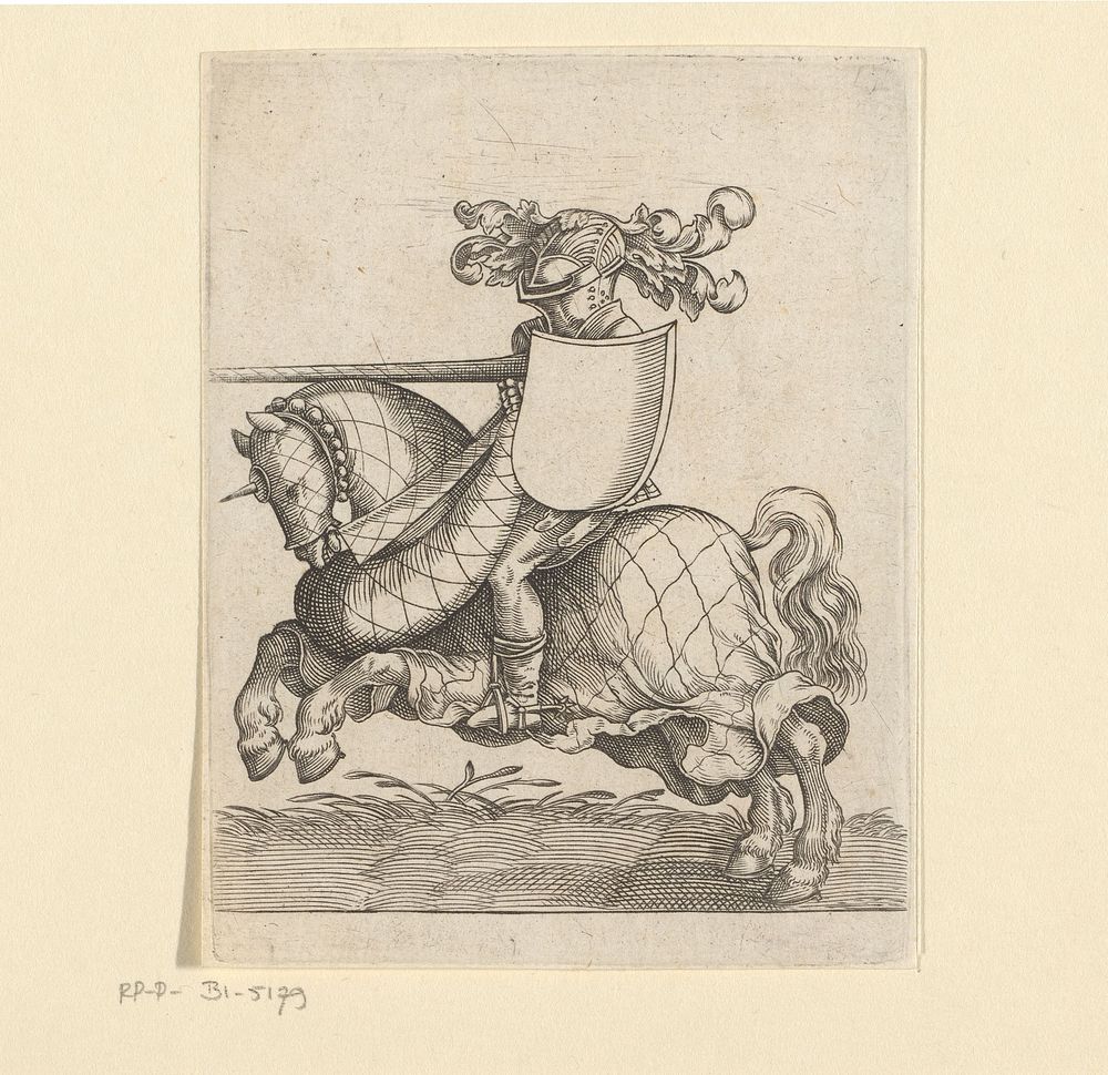 Wapensjabloon met ridder in tournooikledij (1596) by Johann Theodor de Bry, anonymous and Johann Theodor en Johann Israel de…