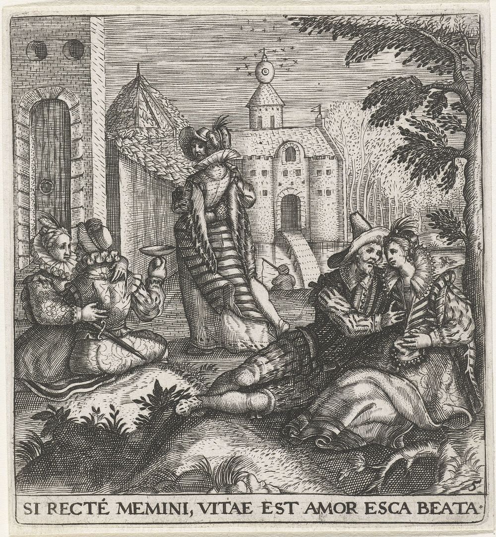Drie minnende paren in kasteeltuin (1596) by Johann Theodor de Bry, anonymous and Johann Theodor de Bry