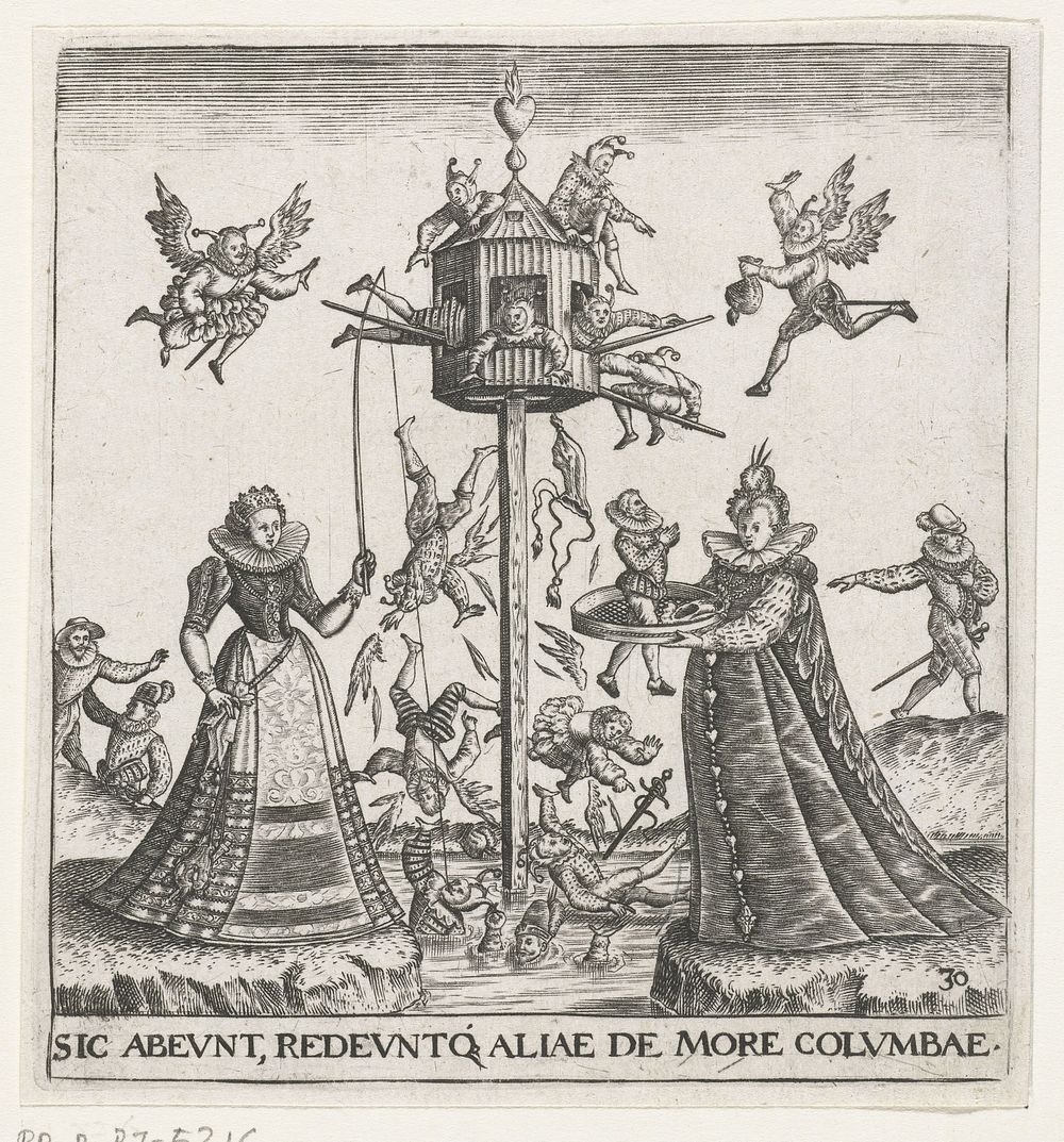 Duiventil vol vliegende narren (1596) by Johann Theodor de Bry, Monogrammist BKGF and Johann Theodor de Bry