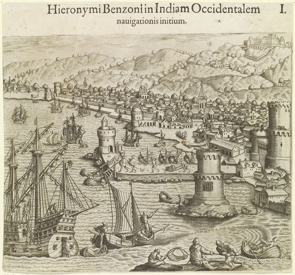 Vertrek van Girolamo Benzoni uit een Spaanse haven (1594) by Theodor de Bry, Johann Theodor de Bry and Theodor de Bry