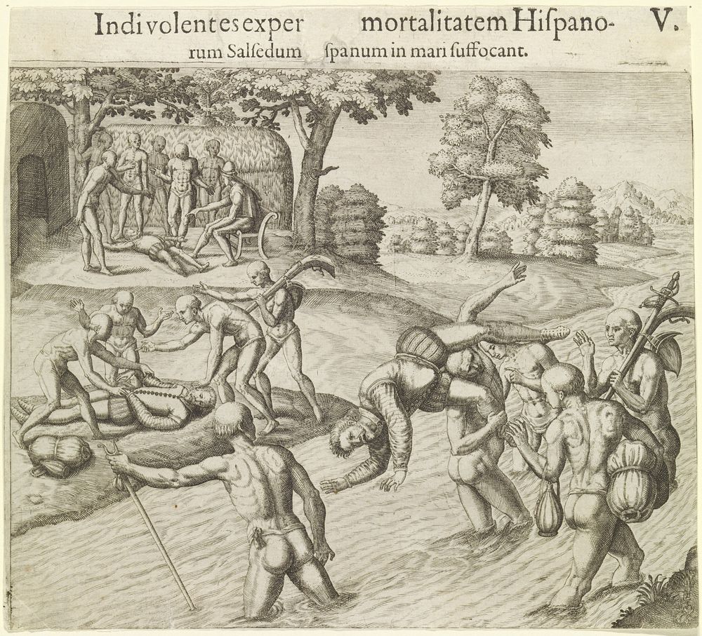 Oorspronkelijke Amerikanen stellen de onsterfelijkheid van de Europeanen op de proef (1594) by Theodor de Bry, Johann…