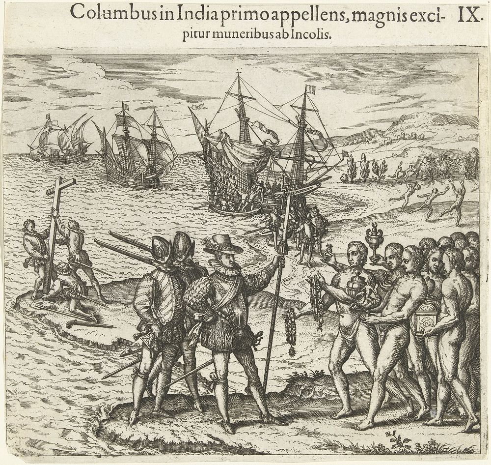 Christoffel Columbus komt aan in Amerika (1594) by Theodor de Bry, Johann Theodor de Bry and Theodor de Bry