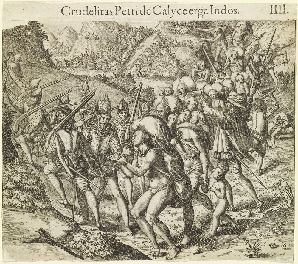 Groep oorspronkelijke bewoners van Zuid-Amerika wordt door Europeanen gevangengenomen (1594) by Theodor de Bry, Johann…