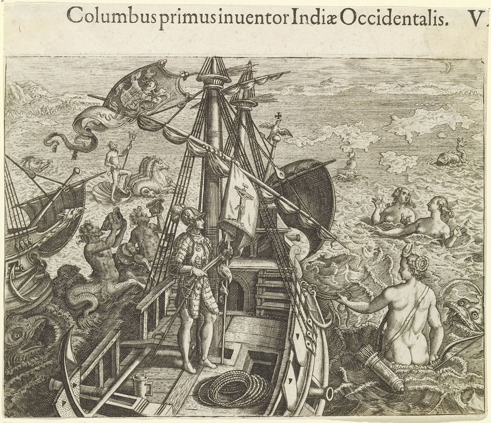 Columbus aan dek van zijn schip op weg naar Amerika (1594) by Theodor de Bry, Johann Theodor de Bry and Theodor de Bry