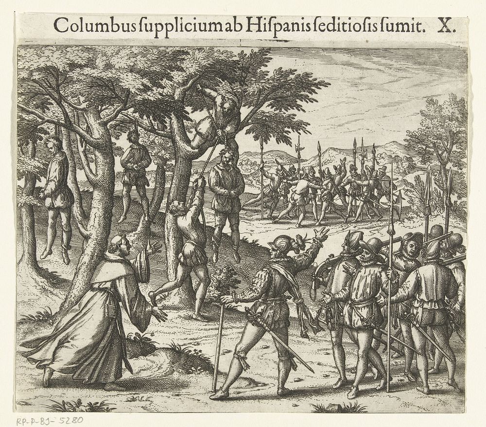 Columbus laat muitende soldaten ophangen (1594) by Theodor de Bry, Johann Theodor de Bry and Theodor de Bry
