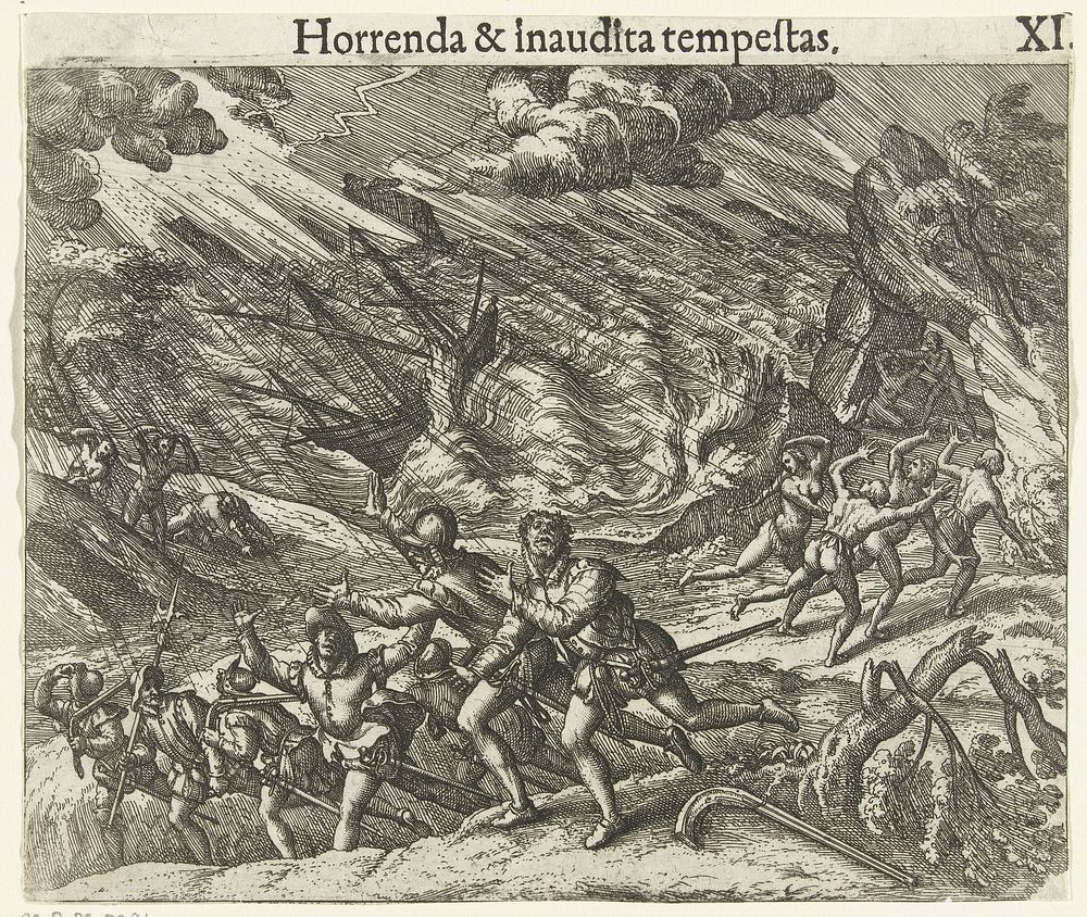 Zware storm overvalt Europeanen en lokale bevolking (1594) by Theodor de Bry, Johann Theodor de Bry and Theodor de Bry