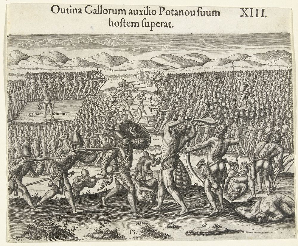 Timucua-leider Olata Ouae Utina verslaat de Potano met hulp van Franse soldaten (1591) by Theodor de Bry, Johann Theodor de…