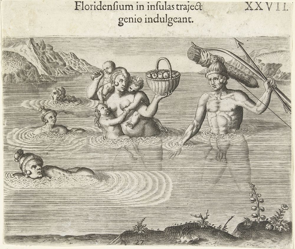 Oorspronkelijke Amerikanen doorwaden een rivier (1591) by Theodor de Bry, Johann Theodor de Bry and Theodor de Bry