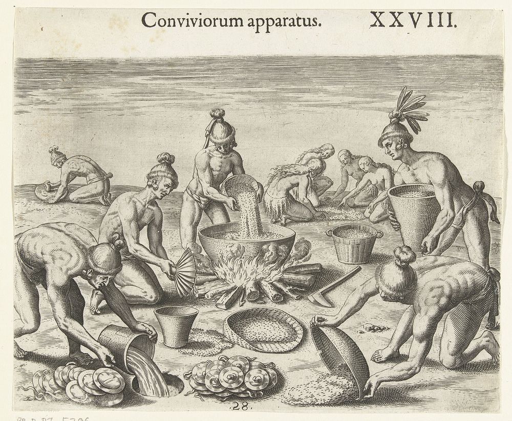 Voedselbereiding bij oorspronkelijke Amerikanen (1591) by Theodor de Bry, Johann Theodor de Bry and Theodor de Bry